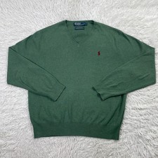 VTG Polo Ralph Lauren Sweater Mens Large Green 100 Pima Cotton V Neck Pullover