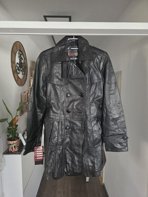 Vintage Aviatrix Ladies Soft Black Leather Trench Coat Long Jacket UK Size Large