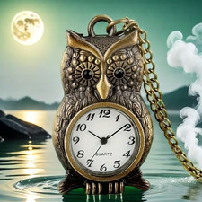 Retro Bronze Cute Owl Shaped Quartz Pocket Watch Necklace Unique Gift