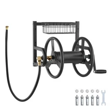 Wall Mounted Garden Hose Reel 125ft 5/8 in Hose Holder Brass Fitting & Basket