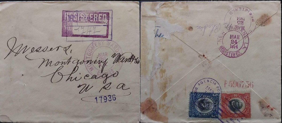 PANAMA 1914 REGISTERED COVER TO CHICAGO VIA NEW ORLEANS
