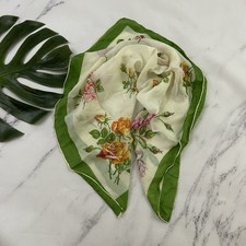 Vintage 60s Silk Square Scarf Green Yellow Rose Floral Large Rolled Edge
