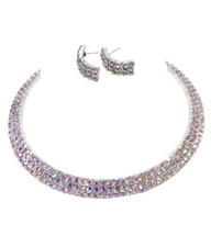 Iridescent Rhinestone Collar Necklace Set Aurora Borealis Silver-Tone 7/16 Wide