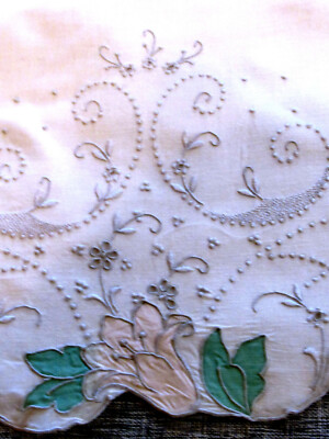 Pair Handmade Madeira Pillowcases Peach & Green Lily Applique