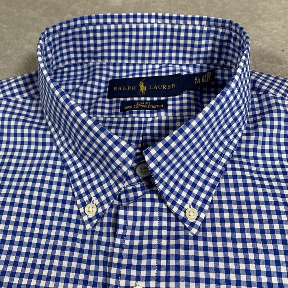 Ralph Lauren Shirt Mens XL Blue Gingham Stretch Oxford Slim Fit Colour