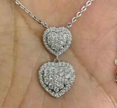 2Ct Round Cut Real Moissanite Double Heart Women Pendant 14K White Gold Plated