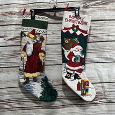  LOT 2 Vintage Needlepoint Santa Stockings Christmas FAST SHIPPING