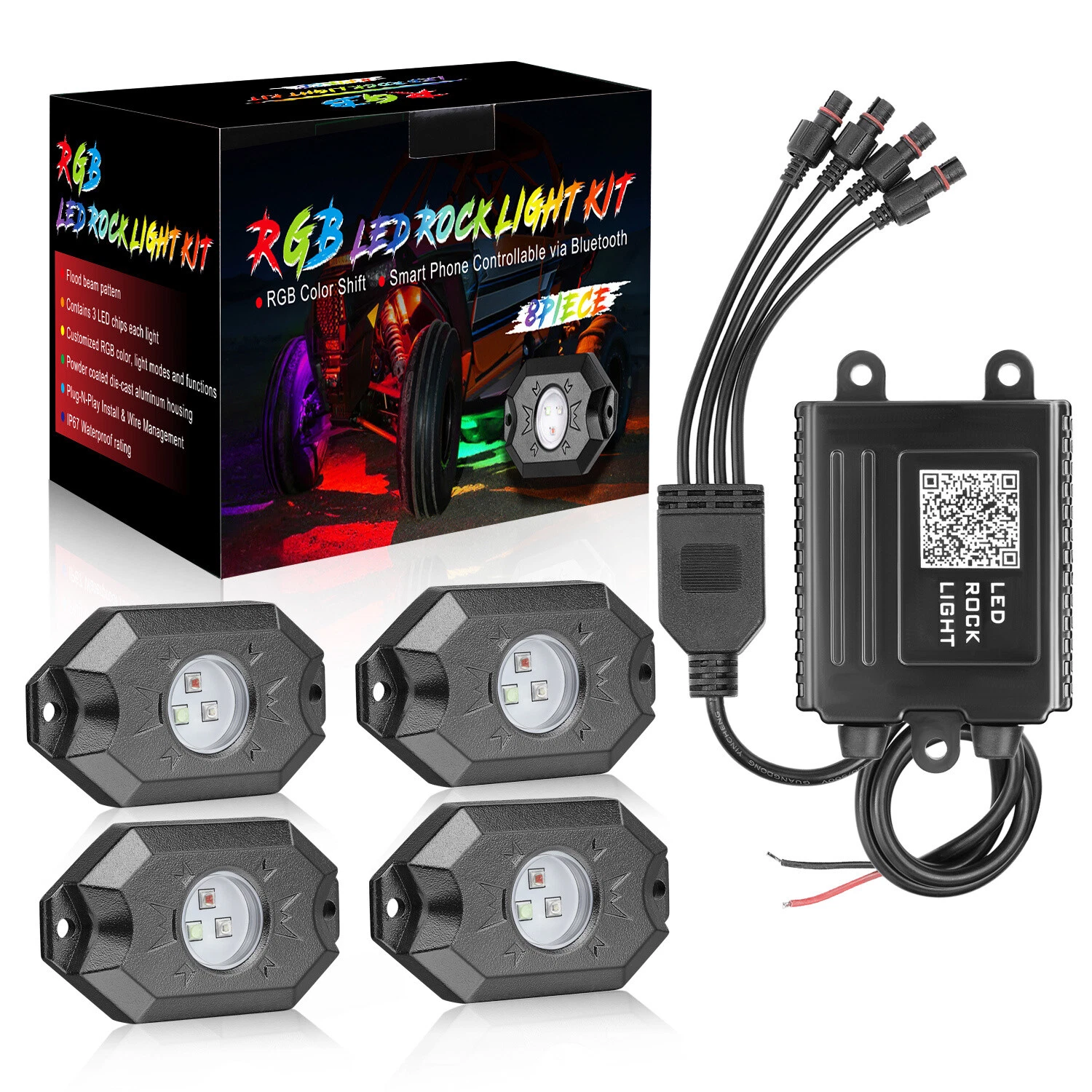 4 Pods RGB LED Rock Lights Kit Underglow Neon Light For Motorcycle Bike ATV UTV
