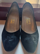 Salvatore Ferragamo Gianna Vintage Black Suede Calf Leather Pump Heels Sz 8AA