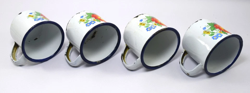 Set OF 4 Vintage Retro Tea Cup Orange Flower Pattern Enamel Work. i14-38 - Image 3 of 4