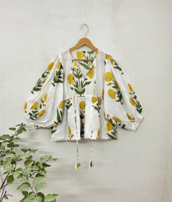 Yellow Print Indian Cotton Hand Block Printed Top Women Blouse Gift For Her