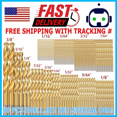 99PCS Drill Bit Set 1/16''-3/8'' HSS Titanium Multi Drill Bits Twist Metal Tools