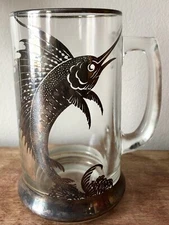 Vintage Rockwell Silver Co. Fish SAILFISH Silver Overlay Glass Tankard Beer Mug
