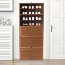 10 Tiers Bamboo Shoe Rack Cabinet, Wood Shelf Stand Storage Book Shelf Organizer