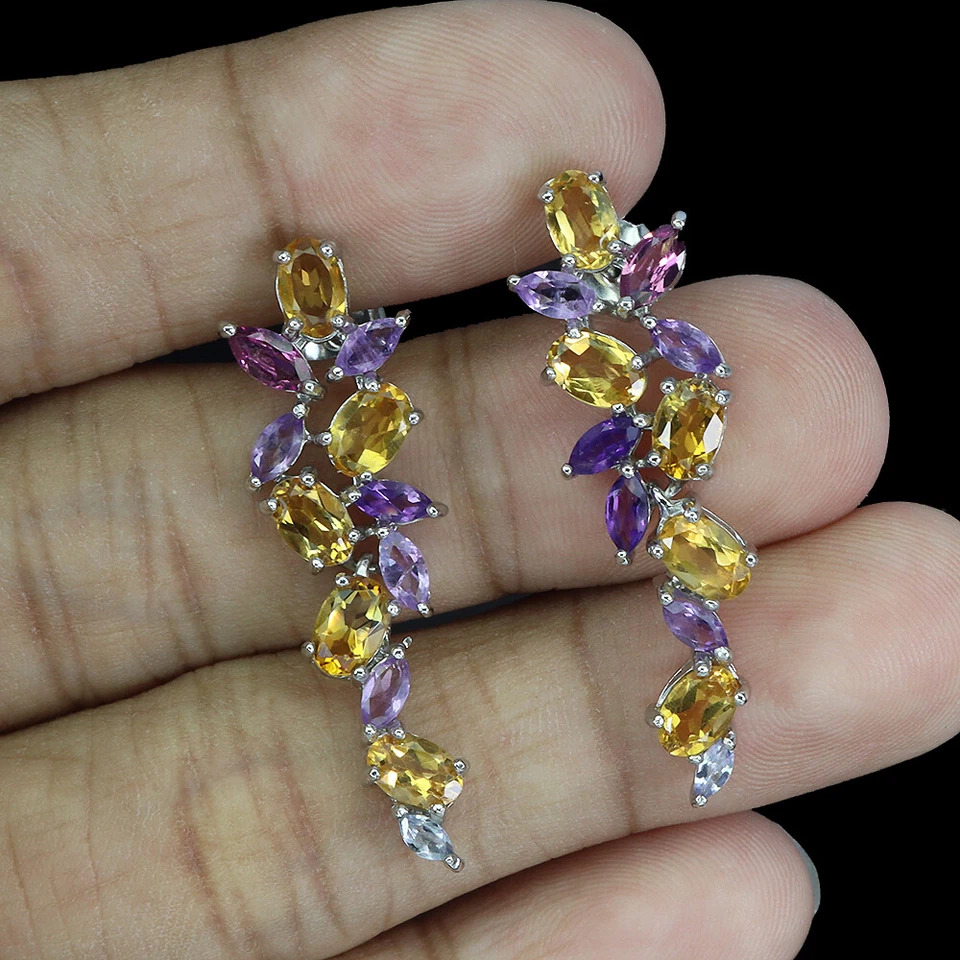 Orecchini In Argento Sterling 925 Ovali In Citrino Ametista Rodolite Gioielli - Immagine 2 di 4