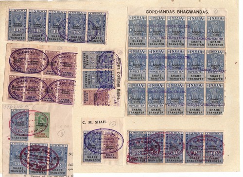 INDIA c1940's SHARE TRANSFER (Bombay Province): DOZENS Including *BLOCK of 15*