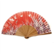 SILK HAND FAN 8" Red Butterfly Garden High Quality Elegant Folding Pocket Purse