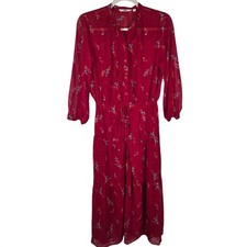 Uniqlo Red Floral Chiffon Midi Dress Long Sleeve Tiered Button Tie Front Small