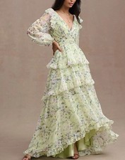 Mac Duggal Tiered Chiffon Maxi Dress Prairie Cottagecore Floral Formal Womens 4 