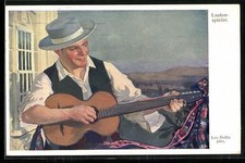 Artist postcard Leo Delitz: lute player, man playing guitar in front of the house
