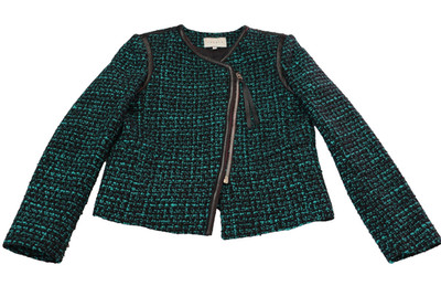 Sandro Paris Tweed Moto Jacket Womens 40 EU Black Teal Zip Leather Trim
