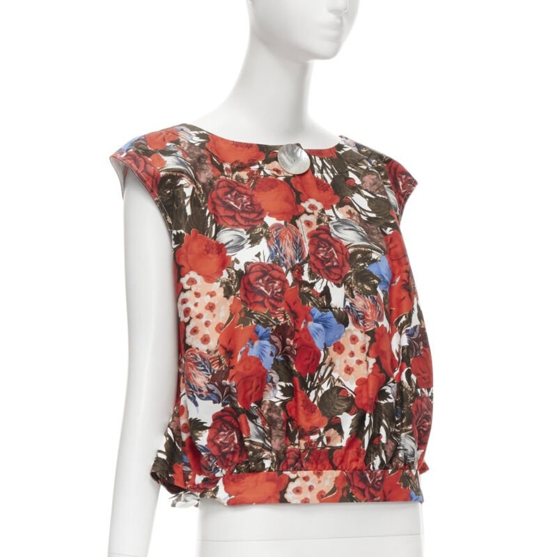 MARNI red floral cotton shell button sleeveless boxy bubble vest top IT38 XS View 3