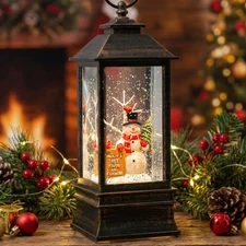 10" Christmas Snow Globe Lantern with Farm Snowman，Lighted Swirling Glittering