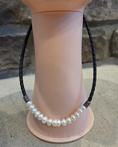 Women's Sterling Silver Braided Black Leather White PEARL NECKLACE CHOKER 15"