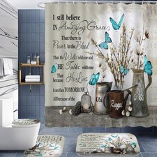 4 PCS Floral Bible Verse Shower Curtain Sets,Inspirational Quotes Grey