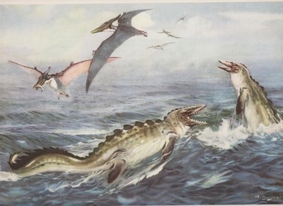 KANSAS US Flying Dragon! PTERANODON & TYLOSAURUS by Z Burian VF Print 8.25x12''