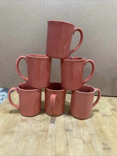 Set of 6 Corning Ware Coral Pink Salmon Coffee Cups Mugs Corelle USA Vintage 8oz