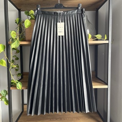 Monsoon Peggy Faux Leather Pleated Midi Skirt 12 Black New with