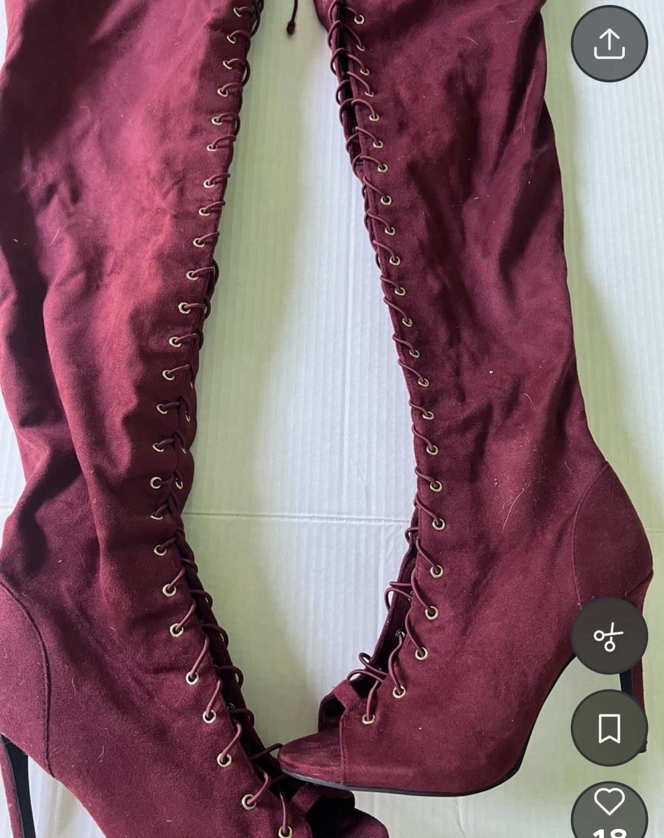 Botas altas Anne Michelle borgoña hasta el muslo talla 10 con cordones punta abierta aguja OTK