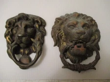 Vintage 2 Lion Heads Brass Door Knockers Heavy Cast Metal 4" & 5" Cast Striker