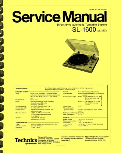 Technics SL-1600 Turntable SERVICE MANUAL (M, MC)