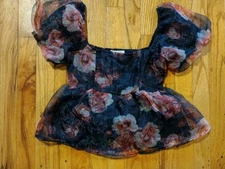 Thirty / Thirty LA Top Small Floral Sheer Lined Black Crop Balloon Sleeve Small