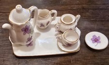 4" Mini Lefton Exclusive Mini Doll 8 Piece Tea Set Purple Flowers Gold Trim