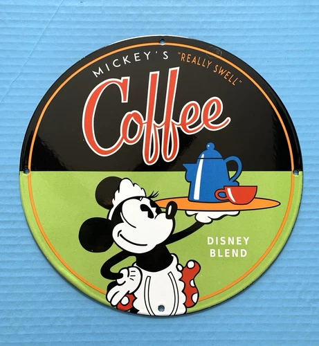 VINTAGE 12" COFFEE MINNIE MOUSE OIL PORCELAIN SERVICE GASOLINE STATION PUMP SIGN