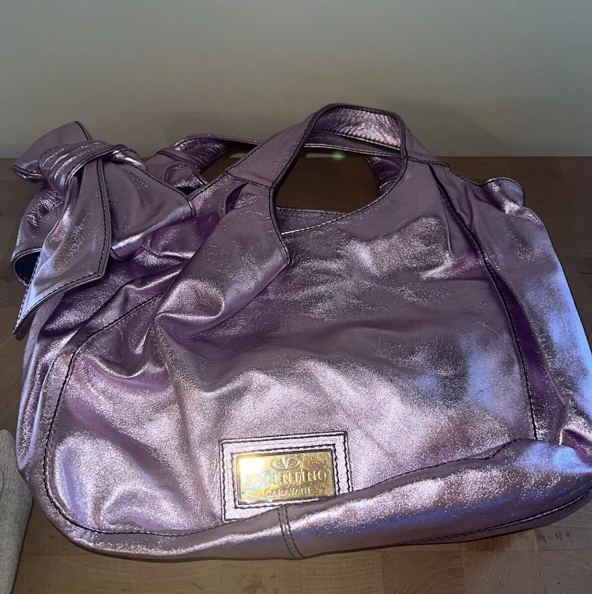 Valentino Purple Metallic Huge Bow Nuage Bow Tote Shoulder Womens Stylish  Purse