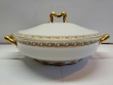 Antique Havilland Schleiger 755 Limoges Gold Trim Covered Vegetable Dish Bowl