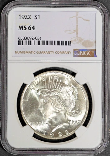 1922 $1 Silver Peace Dollar Bullion Coin MS 64 NGC # 6583692-031 + Bonus