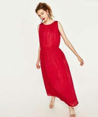 NWT New Zara Strawberry Red Micro Mesh Maxi Summer Cruise Party Dress S 