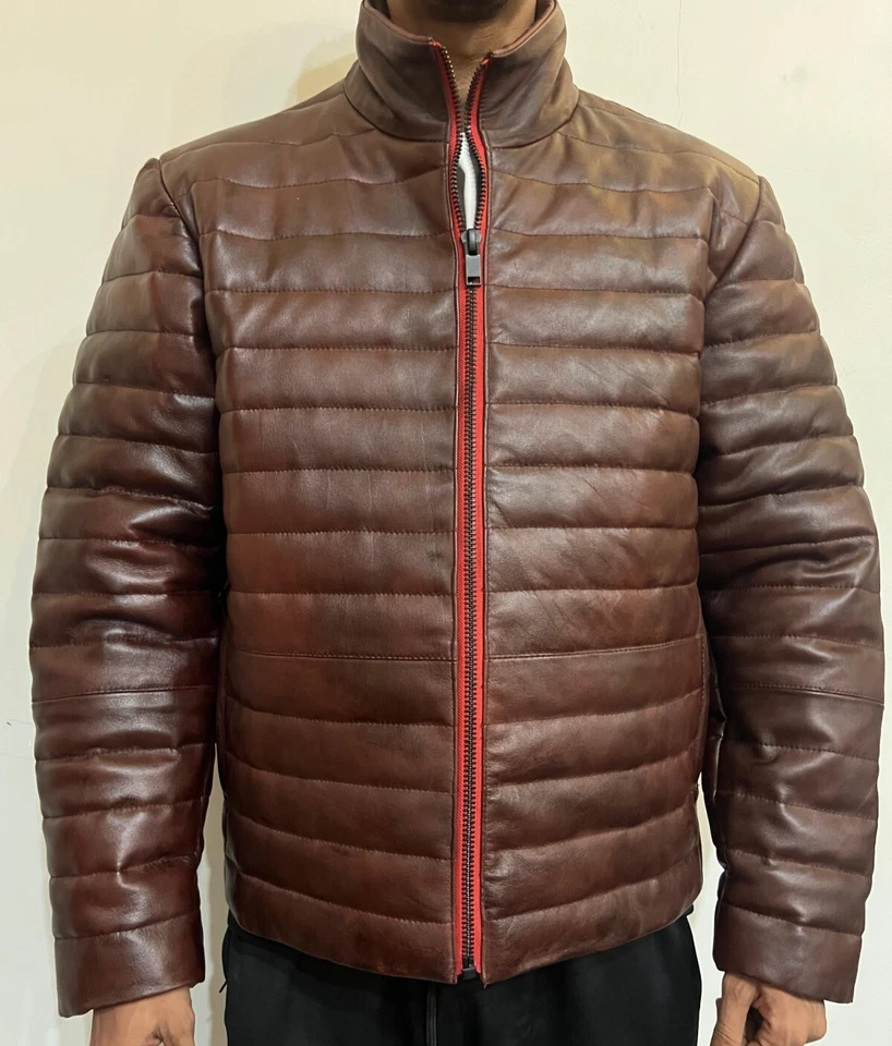Мужская из натуральной овчины искусственно состаренной кожи пуховик вниз с подкладкой стеганая куртка пальто - Изображение 2 из 4