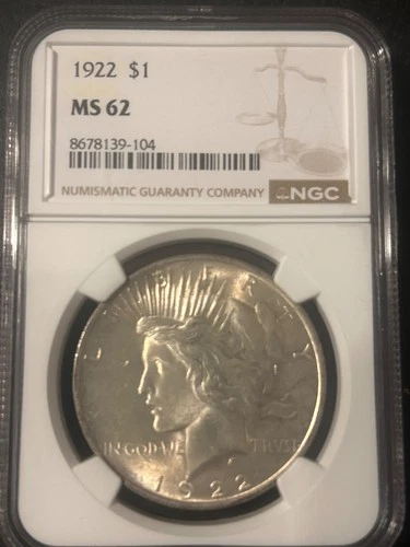 1922-P  $1 PEACE SILVER DOLLAR  "PHILADELPHIA MINT"  NGC MS62