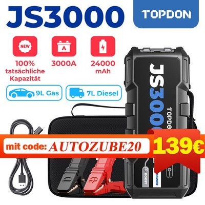 TOPDON JS3000 3000A 24000mAh Auto Starthilfe Jump Starter Booster Powerbank 3in1