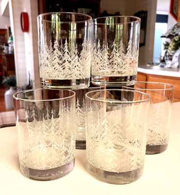 Set of 6 LIBBEY FROSTY PINES 4'' Double Old Fashioned Glasses Textured White Tree