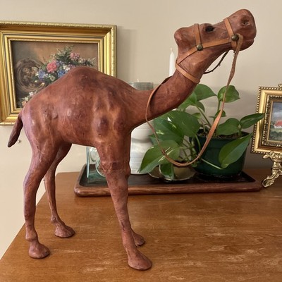 Vintage Leather Wrapped Camel 14  W X 12  Tall with glass eyes
