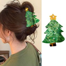 1 Pcs Christmas Hair Clips Green Tree Claw Clip White Pearl Acetate Nonslip