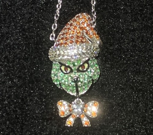 The Grinch Rhinestone Charm 925 Sterling Silver Necklace Sparkling Christmas - Picture 3 of 7