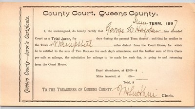 1897 Queens County NY County Court Trial Juror Certificate Receipt